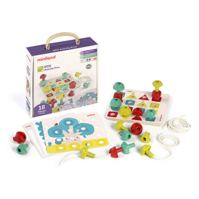 Jogo educativo miniland ECO Activity Pins com peças coloridas e corda em fundo branco
