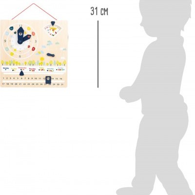 Relógio educativo de madeira com calendário e indicadores coloridos pendurado com corda vermelha