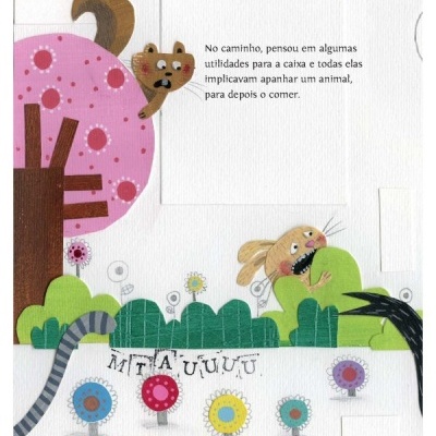 Ilustração colorida com esquilo, coelho, flores e texto em português