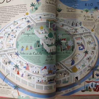 Mapa ilustrado da antiga cidade de Bagdad com muralhas, rio e edifícios clássicos