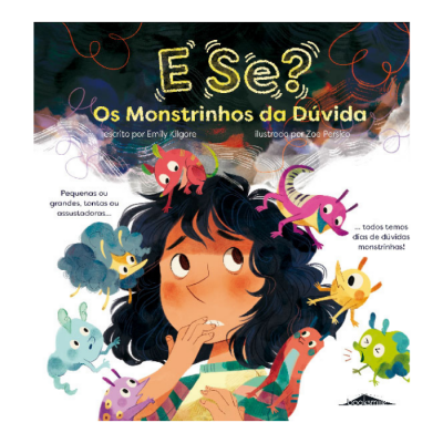 Capa de livro infantil com criança e monstros coloridos, com textos em português