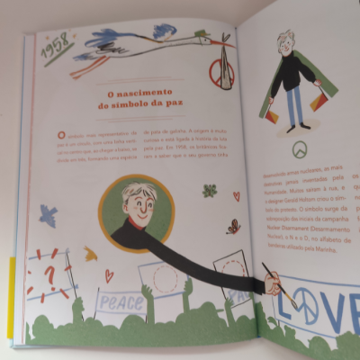 Livro ilustrado aberto mostrando texto e desenhos sobre o símbolo da paz e o ano 1958.