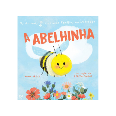 Capa de livro infantil com abelha sorridente e flores coloridas