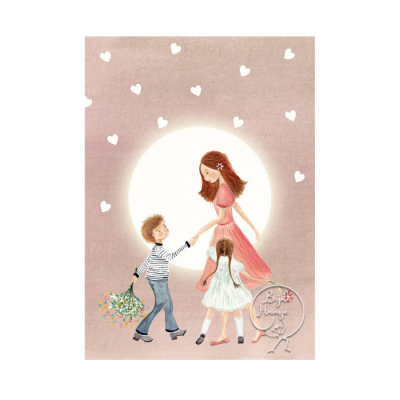 Ilustração de mulher e duas crianças com círculos e corações no fundo