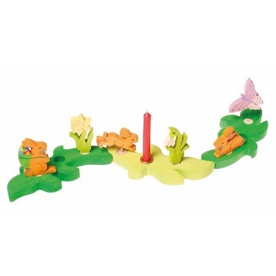 Suporte para vela de madeira com coelhos e flores coloridas