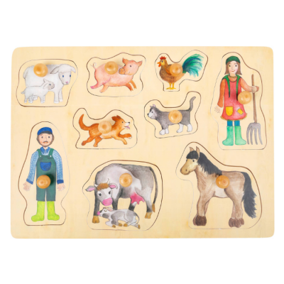 Puzzle de madeira com animais de quinta e pessoas para encaixe