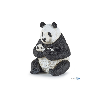 Figura decorativa de pandas preto e branco com textura rugosa, mãe a segurar bebé