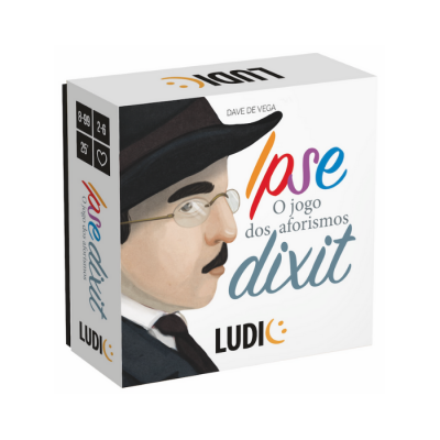 Caixa de jogo Ipse dixit com ilustração de homem com chapéu e óculos