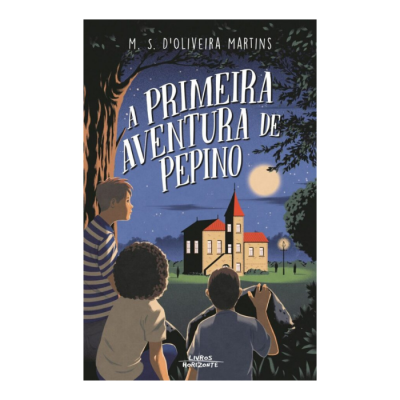 Capa do livro 'A PRIMEIRA AVENTURA DE PEPINO' com ilustração de três crianças e uma casa à noite