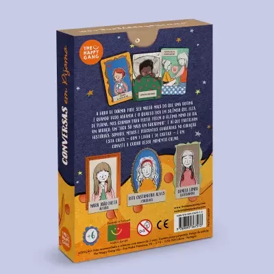Embalagem do jogo Conversas em Pijama da The Happy Gang com ilustrações e texto
