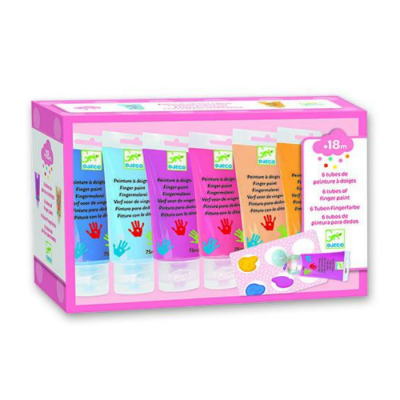 Caixa rosa com seis tubos coloridos de tinta para pintura de dedos Djeco
