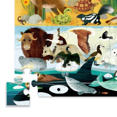 Puzzle colorido de animais selvagens com peças de madeira