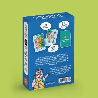 Caixa azul de jogo com ilustrações de cartas e texto em português