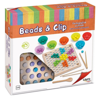 Caixa de jogo educativo 'Beads & Clip' com tabuleiro de madeira, contas coloridas e acessórios