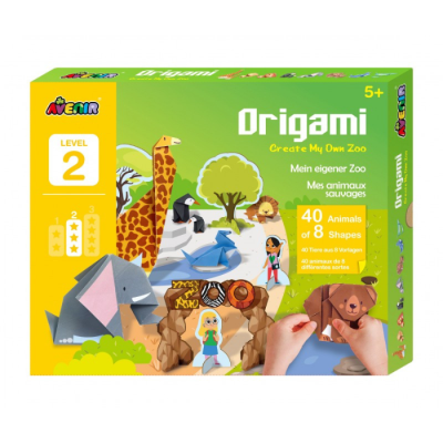 Caixa colorida de kit de origami para crianças com tema zoológico, mostrando animais de papel dobrado e informações do produto.