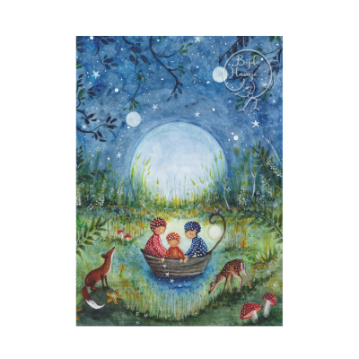 Ilustração de três personagens num barco numa lagoa com natureza à noite