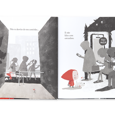 Página dupla de livro infantil com ilustrações urbanas em cinza e vermelho e texto em português