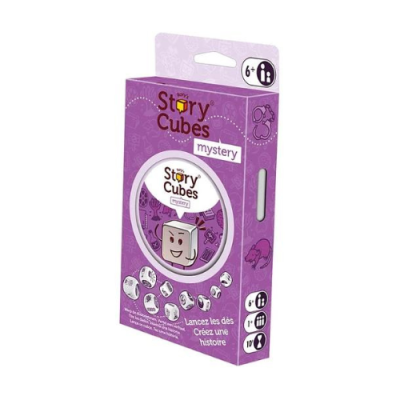 Caixa roxa do jogo Story Cubes Mystery com texto e ícones em francês