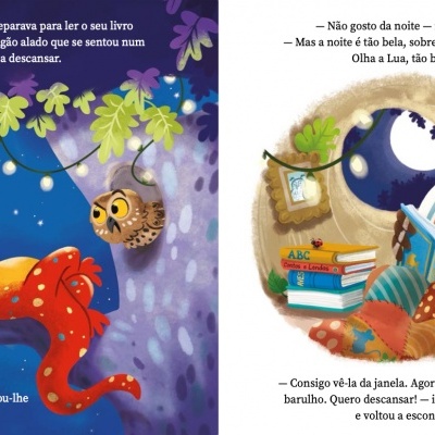 Dragão vermelho e coruja castanha numa árvore com fundo noturno e texto em português