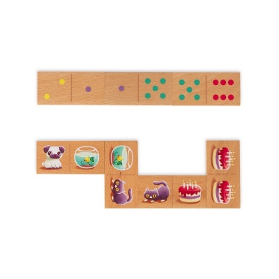 Dominó em madeira com pontos coloridos e imagens decorativas