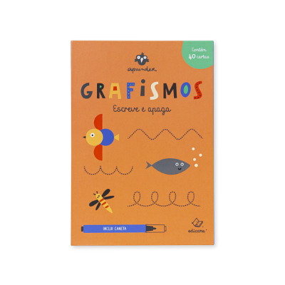 Livro didático laranja com desenhos de pássaro, peixe e abelha e texto GRAFISMOS Escreve e apaga