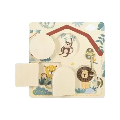 Painel de madeira infantil com portas e fechaduras decorado com animais da selva