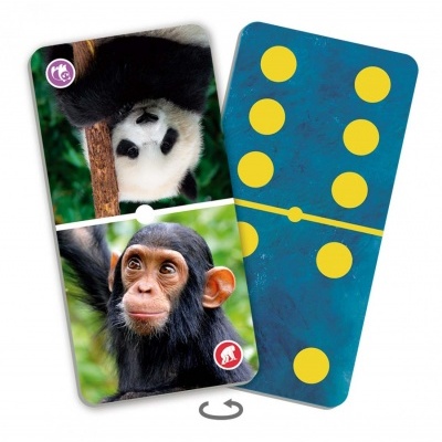 Dominós com imagem de panda e chimpanzé e dominó azul com pontos amarelos