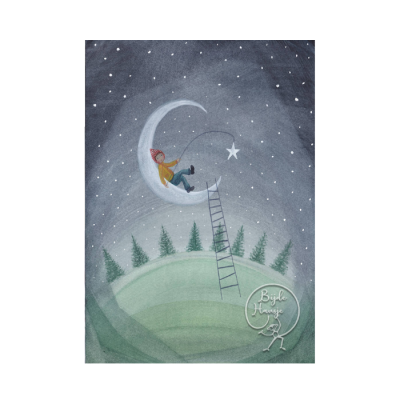 Ilustração de criança na lua a pescar uma estrela num céu estrelado