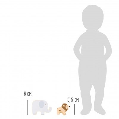 Miniaturas de elefante e leão com medidas ao lado e silhueta humana para escala