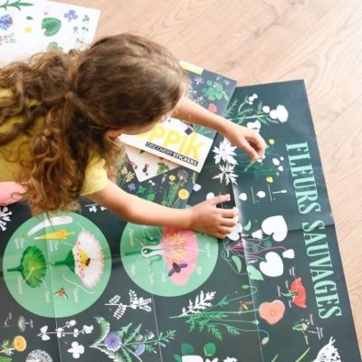 Tapete educativo preto com ilustrações coloridas de flores silvestres e criança a brincar