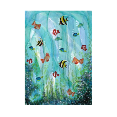 Toalha azul com estampa de peixes tropicais coloridos e plantas aquáticas