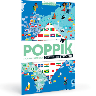 Embalagem do Poppik Discovery Stickers com poster de mapa-múndi e bandeiras coloridas