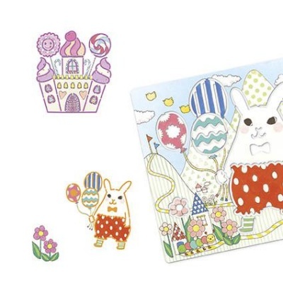 autocolantes de coelho, balões, flores e castelo de doces coloridos