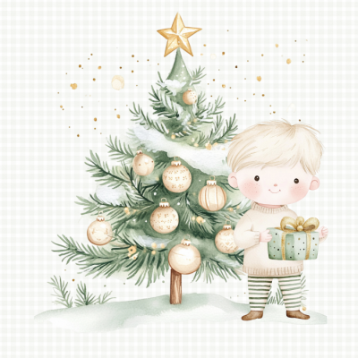 Desenho de criança com presente junto a árvore de Natal decorada