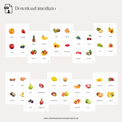 Cartazes educativos com imagens e nomes de frutas em inglês para download imediato