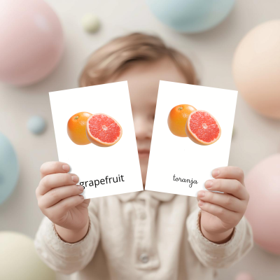 Cartões didáticos com imagem de toranja e texto em inglês e português