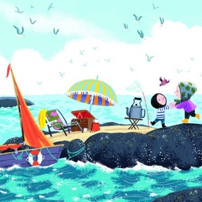 Ilustração de ilha pequena com personagens animados e barco no mar com baleias