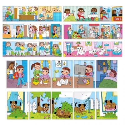 Ilustração colorida em estilo cartoon mostrando cenas da vida diária de crianças e um cachorro em vários ambientes.