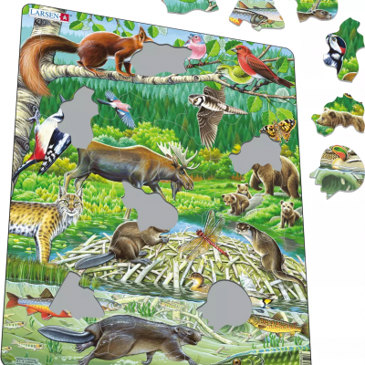 Quebra-cabeças infantil com tema de animais da floresta e rio, ilustrações coloridas e peças destacáveis