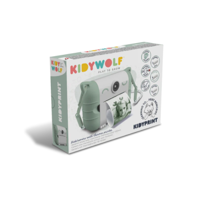 Caixa da câmara KIDY WOLF KIDYPRINT com impressora térmica para crianças em branco e verde