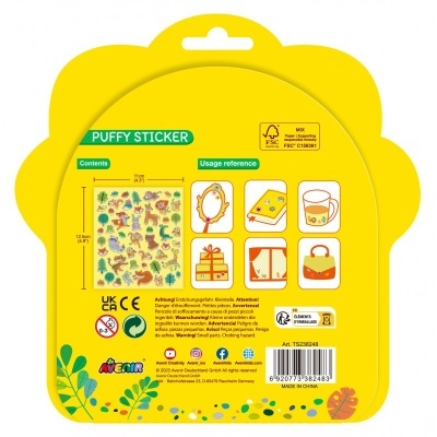 Embalagem amarela de autocolantes 3D com várias imagens coloridas e texto em inglês