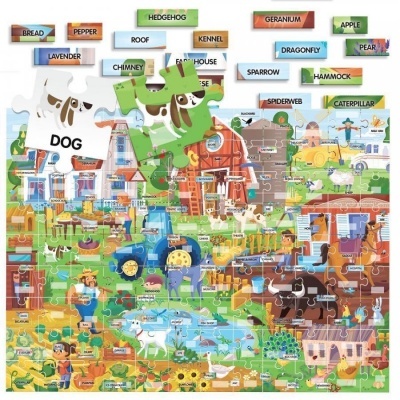 Puzzle colorido ilustrando uma quinta com etiquetas em inglês e duas peças ao centro com palavra DOG e cão verde