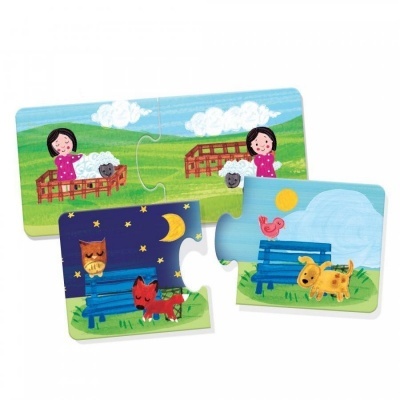 Peças de puzzle infantil coloridas com menina, animais e bancos outdoors