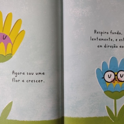 Página de livro infantil com ilustrações de flores animadas amarelas e azuis, texto em português.