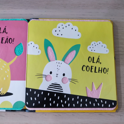 Livro infantil com ilustração de coelho branco, fundo amarelo, texto OLÁ, COELHO!