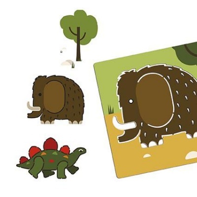 Quebra-cabeças infantil com mamute e dinossauro em cores castanho, verde e vermelho