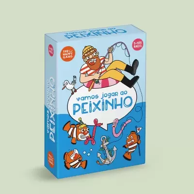 Caixa de jogo colorida com ilustrações de pescador e peixes