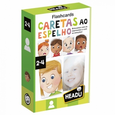 Caixa de flashcards Headu Caretas ao Espelho com ilustrações de expressões faciais para idades 2-4 anos