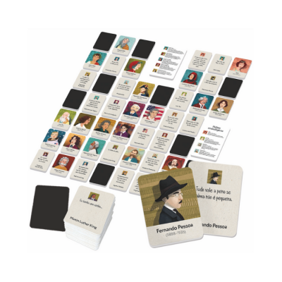 Jogo de cartas com figuras históricas e citações em português