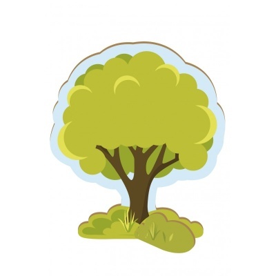 Ilustração de árvore com copa verde e arbustos na base